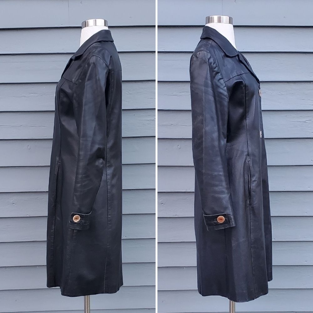 Vintage 90s y2k Bratz Black Leather Mod Boho Western Button Front Trench Coat Md - Picture 2 of 9